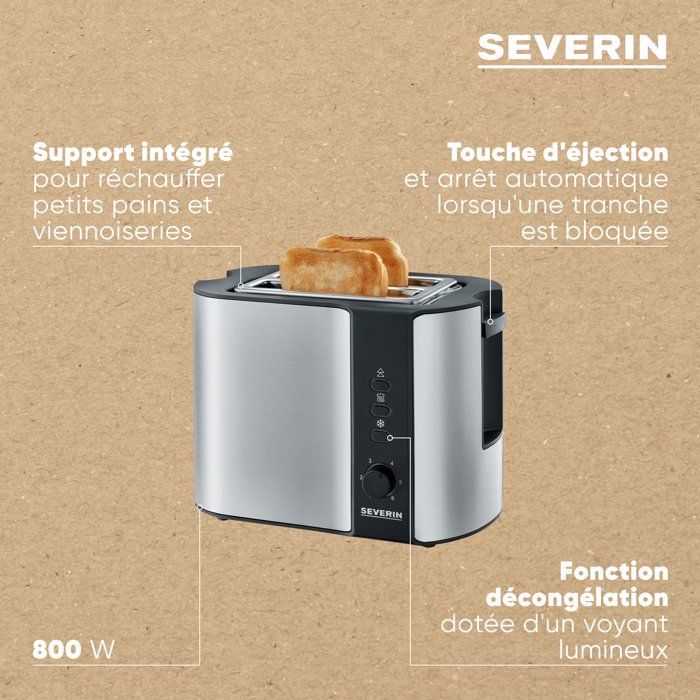 SEVERIN AT2589 Toaster, 2 slots for 2 slices: toasting, thawing and reheating, pastries rack, self-centering, stainless steel