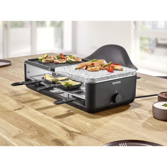 Raclette Grill - SEVERIN - RG2366 - 8 people - Natural Stone and Reversible Cooking Plate - 8 pans - Black