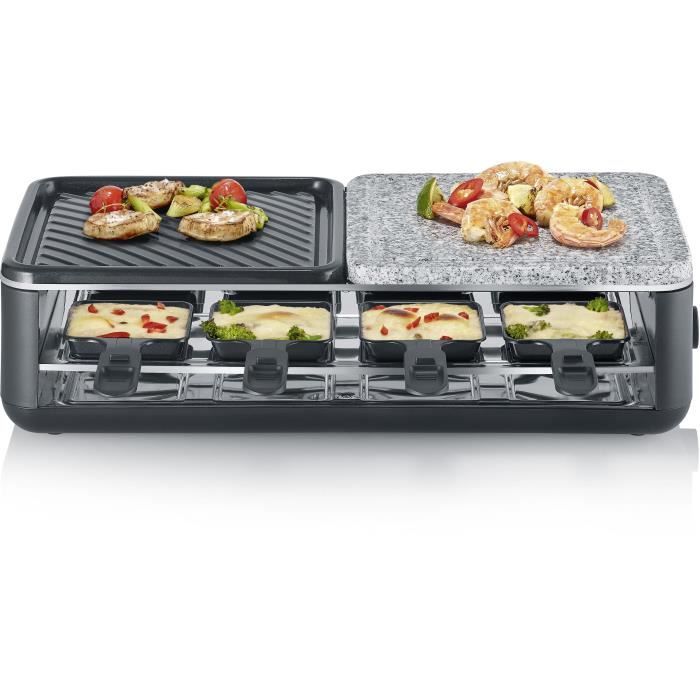 Raclette Grill - SEVERIN - RG2366 - 8 people - Natural Stone and Reversible Cooking Plate - 8 pans - Black