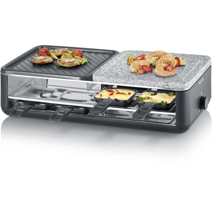 Raclette Grill - SEVERIN - RG2366 - 8 people - Natural Stone and Reversible Cooking Plate - 8 pans - Black