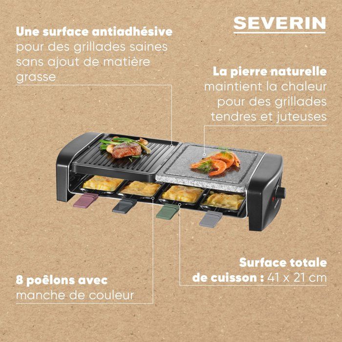 8-Person Raclette Machine - SEVERIN - RG9690 - Combined cooking plates: natural stone + nonstick surface - 1400W