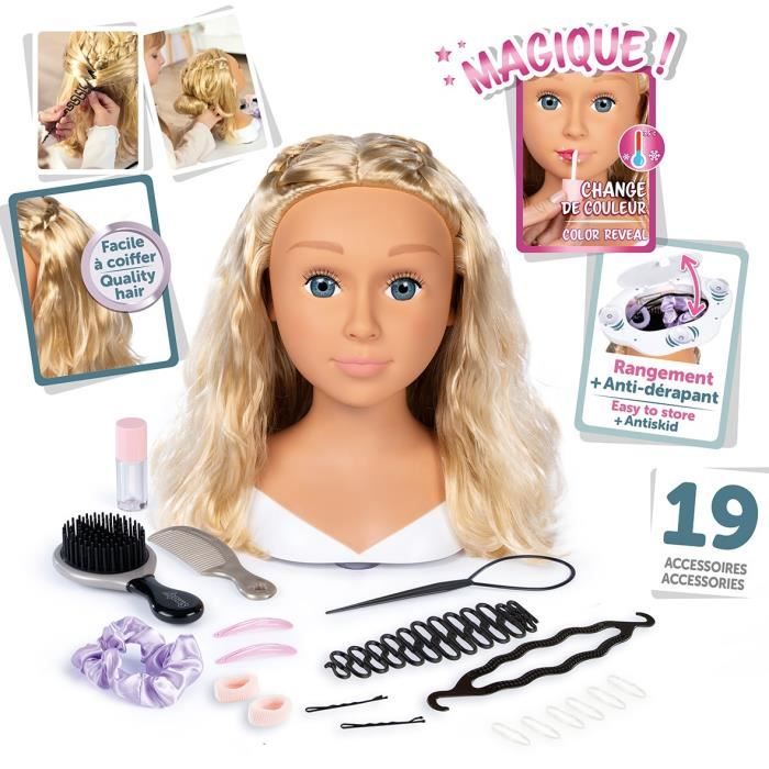 Smoby - Blonde styling head - Easy to style - 19 realistic accessories - Thermosensitive lips - Storage hatch