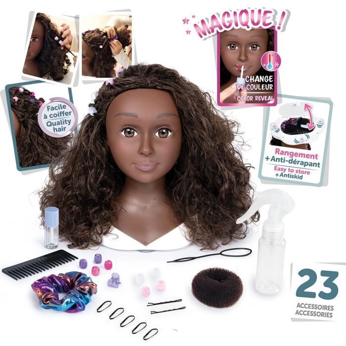 Smoby - Afro hair styling head - Easy to style - 23 realistic accessories - Heat-sensitive lips - Storage hatch