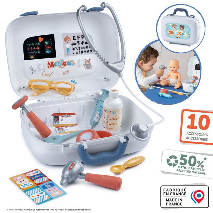 SMOBY - Doctor's Case - Ages 3 and up - Portable - Includes many accessories: thermometer, scissors, bandages, syringe