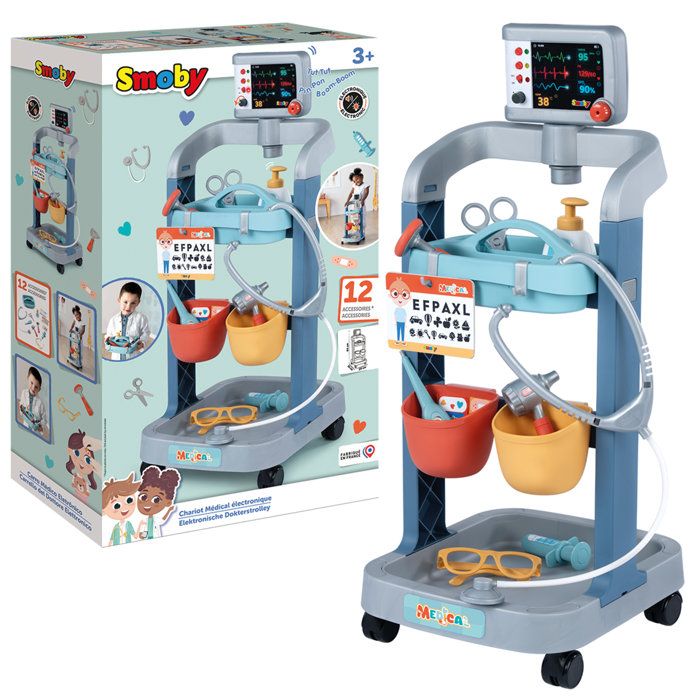 Smoby - Electronic Medical Cart - Kids' Doctor's Cart - Sounds and Lights - 12 Accessories - Ages 3 and up - Made in France