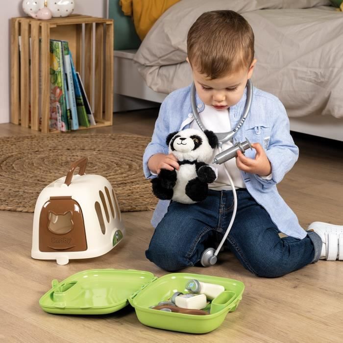 Smoby - Veterinary case - 1 panda plush and many accessories - 2 in 1 product: Transport cage - Made in France