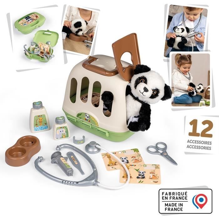 Smoby - Veterinary case - 1 panda plush and many accessories - 2 in 1 product: Transport cage - Made in France