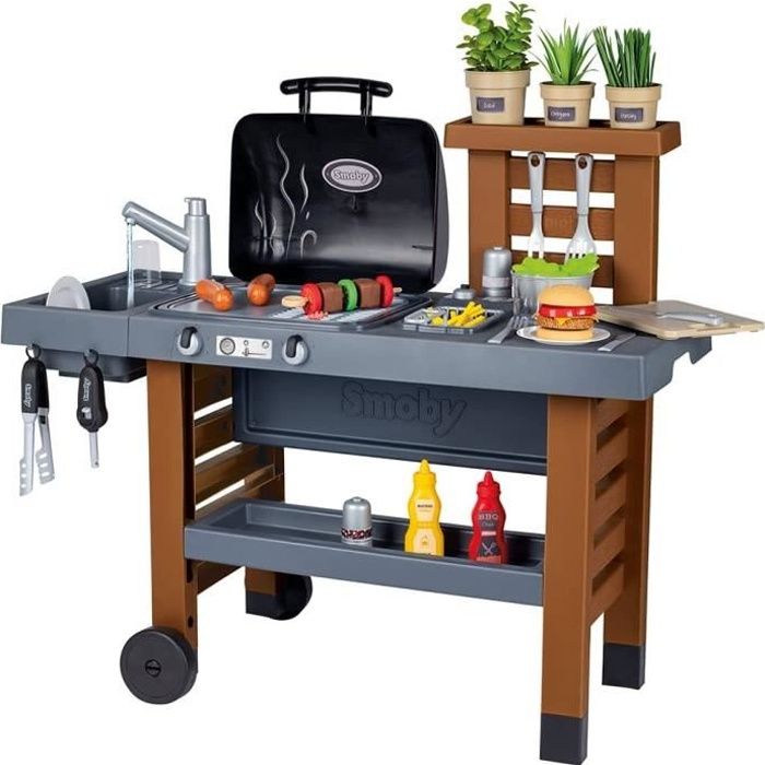 Smoby - Garden Kitchen - Evolutive Outdoor Kitchen - Grill With Retractable Magic Flames - 40 Accessories