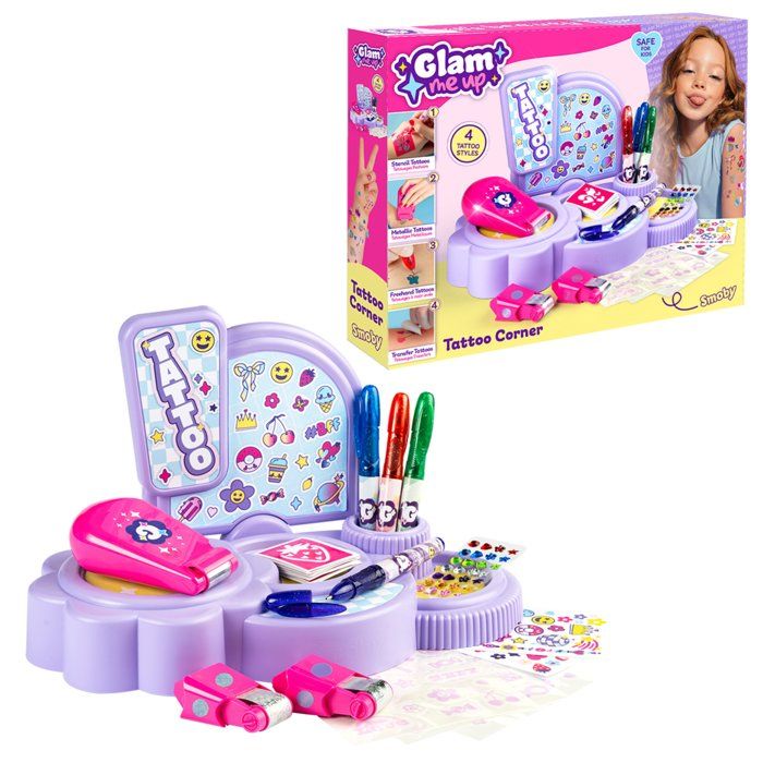 Tattoo Corner - Glam Me Up - Smoby - Tattoo Studio for Kids - 4 tattoo styles - Accessories included - Ages 6 and up
