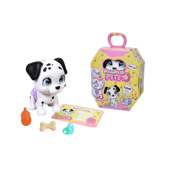Smoby - Pamper Petz - Dalmatian for Adoption - 4 Accessories - Articulated - Wooden and Pee-Pee - Adoption Certificate - Ages 3 and up