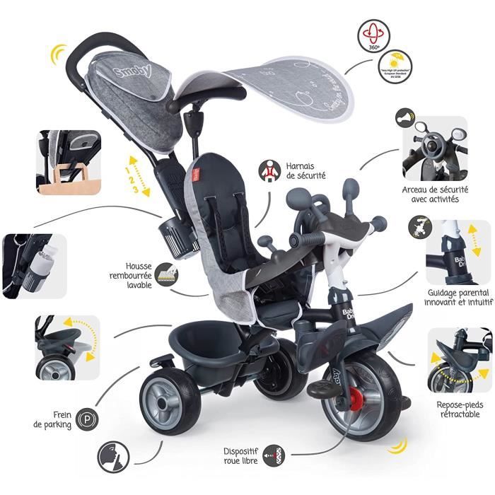Smoby - Baby Driver Plus Gray Tricycle - Child's Evolutive Bike From 10 Months - Silent Wheels - Parking Brake