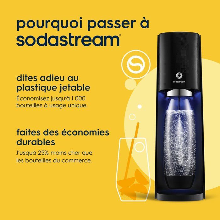 Machine a soda et eau pétillante - SODASTREAM - E-TERRA - 1 bouteille compatible lave-vaisselle - 1 recharge de gaz 60L - Noir