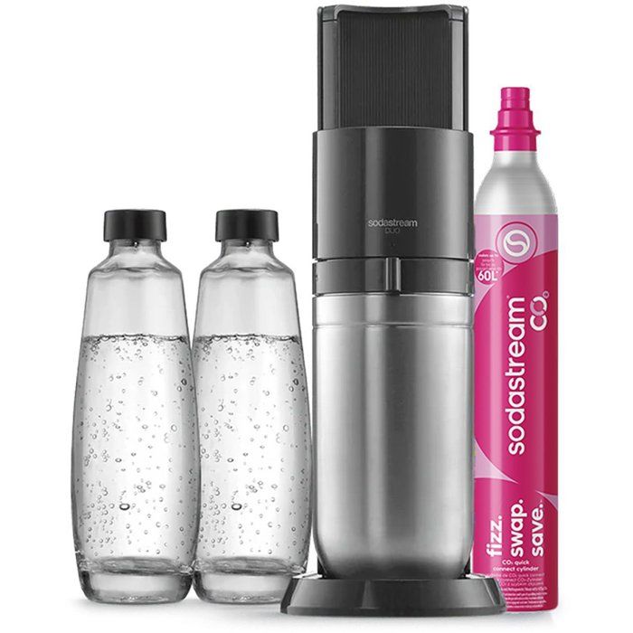 SODASTREAM soda and sparkling water machine - DUO Black - 2 glass carafes - 1 60L gas refill