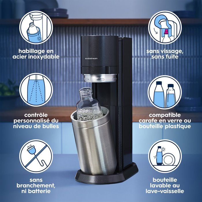 SODASTREAM soda and sparkling water machine - DUO Black - 2 glass carafes - 1 60L gas refill