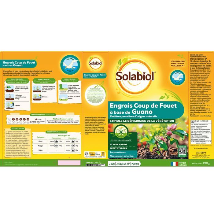 SOLABIOL SOGUA750N Boosting Fertilizer based on Guano Marin - 12 X 750g
