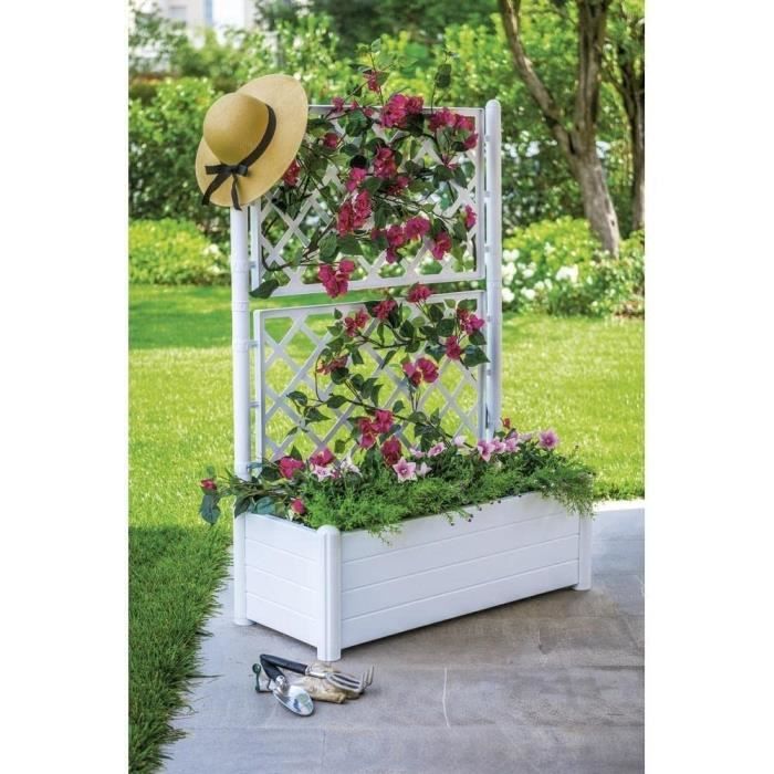 STEFANPLAST Rectangular flower box with lattice - Wood finish - 100 x 43 x H 142 cm - 80 L - White