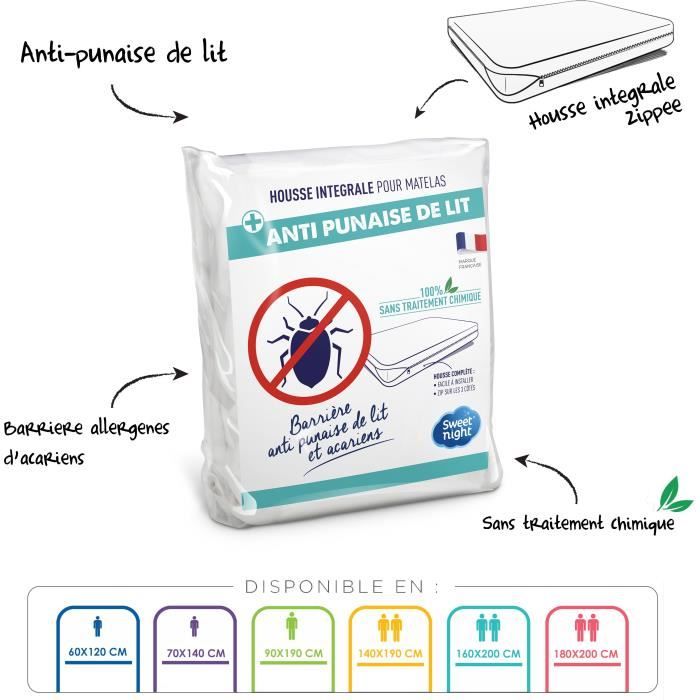 SWEET NIGHT Complete cover for Anti-mite Anti-bedbug mattress - 180 x 200 cm - White