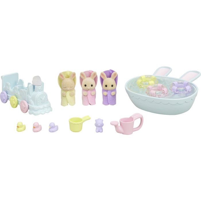 Miniature figurines - SYLVANIAN FAMILIES - 5707 - The Creme Rabbit triplets and bath accessories