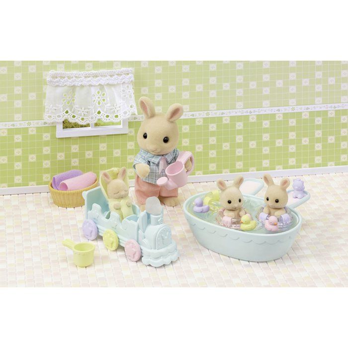 Miniature figurines - SYLVANIAN FAMILIES - 5707 - The Creme Rabbit triplets and bath accessories