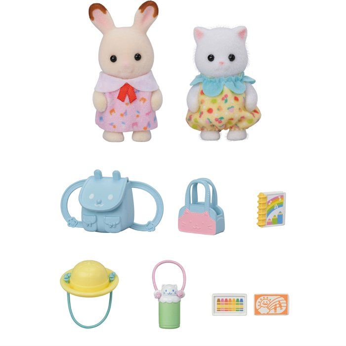The Baby Duo on a Walk - SYLVANIAN FAMILIES - 5747 - Chocolate Rabbit and Persian Cat with Accessories
