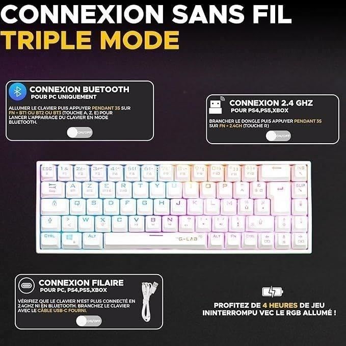 Wireless Gaming Keyboard - The G-Lab - KEYZ TITAN - Mechanical (Red Switch) - Azerty - Triple mode - RGB - White