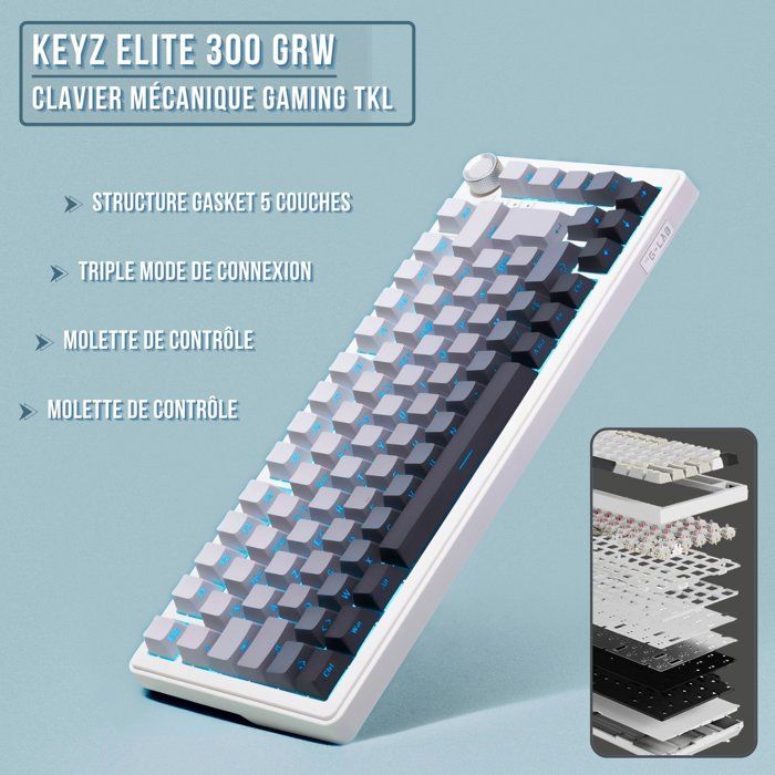 Clavier gamer mécanique - Switch linéaire - THE G-LAB - KEYZ ELITE 300 - TKL 75% - RGB - Sans fil triple mode