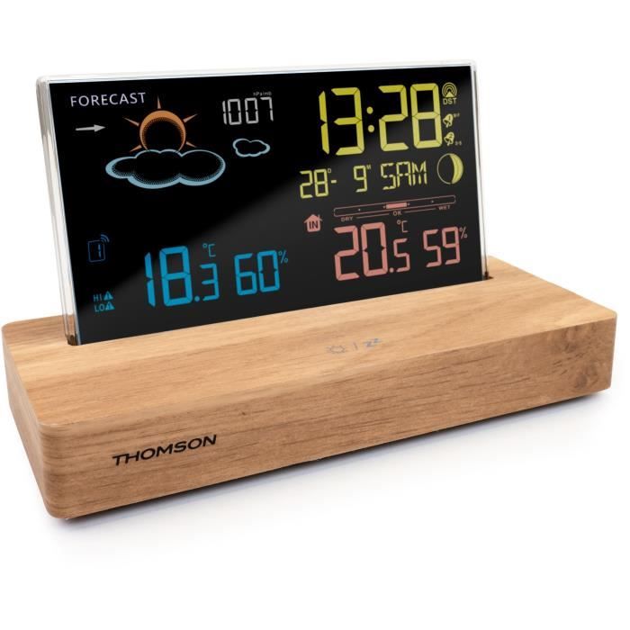 Weather station alarm clock - THOMSON - Dark wood - Temperature display, Hygrometry, Dual alarm, USB-C, Wireless probe
