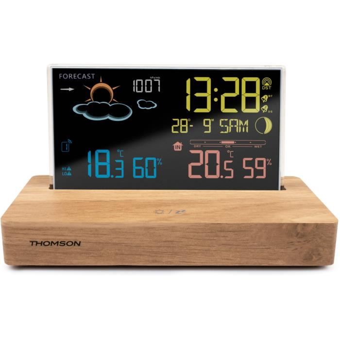 Weather station alarm clock - THOMSON - Dark wood - Temperature display, Hygrometry, Dual alarm, USB-C, Wireless probe