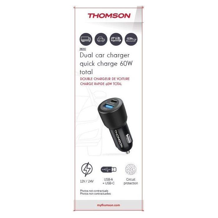 Car charger - THOMSON - 60 W - Total new generation gan technology - USB-C - PD 30 W + USB-A QC 3.0 - 30 W