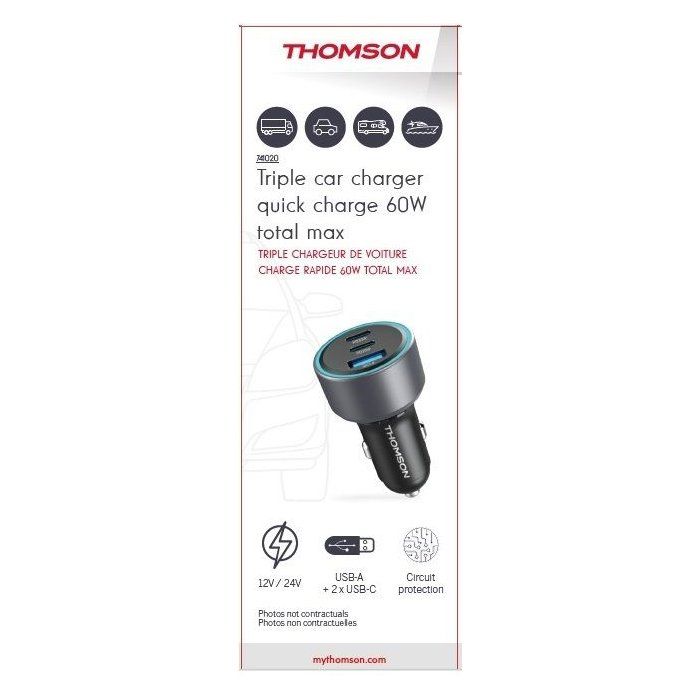 Car charger - THOMSON - 60 W - Total new generation gan technology - 2 USB-C - PD 30 W + USB-A - QC 3.0 - 18 W