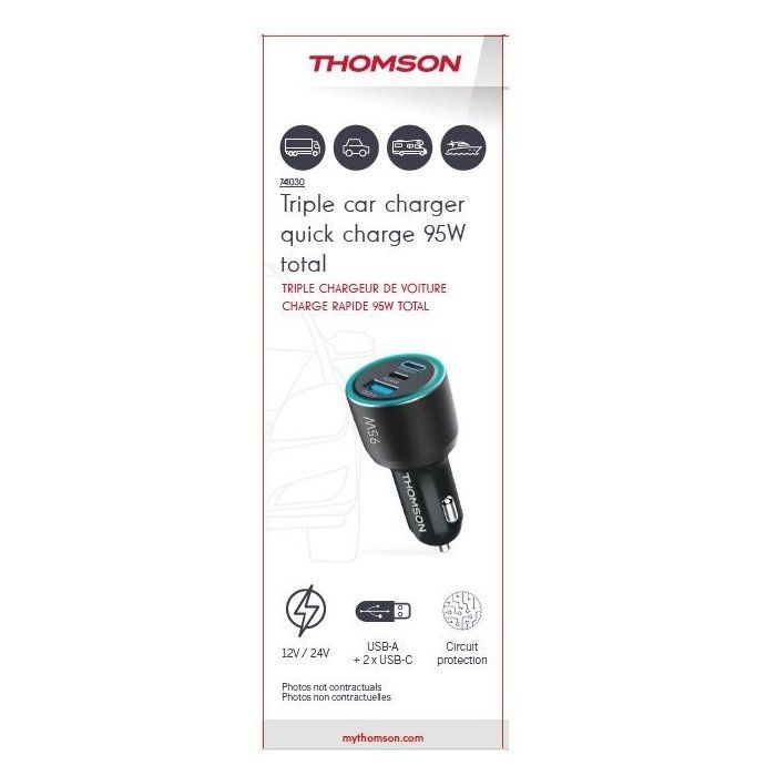 Car charger - THOMSON - 95 W - Total new generation gan technology - 2 USB-C - PD 65 W + PD 30 W - USB-A - QC 3.0