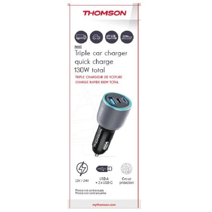 Car charger - THOMSON - 130 W - Total new generation GaN technology - 2 USB-C - PD 100 W + pd 30 W