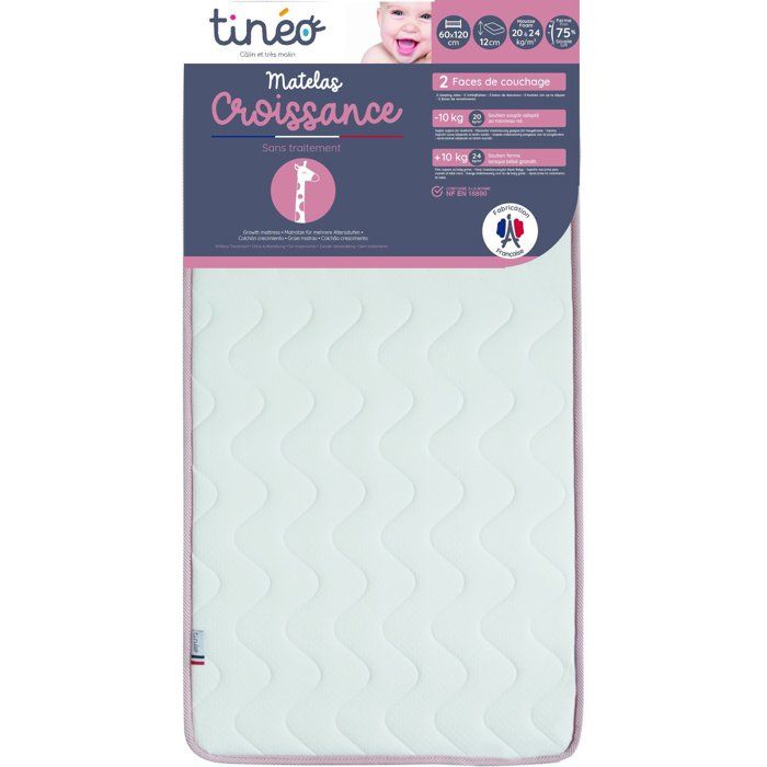 TINEO CROISSANCE mattress - Scalable - 2 support sides: Firm and Soft - 60x120x12 cm