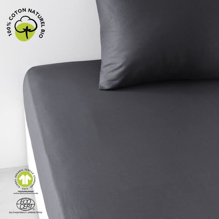 Fitted sheet - TODAY - 160 x 200 cm + 30 cm - Cotton - Organic Charcoal