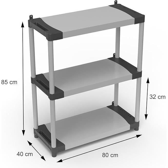 Plastic shelf - TOOD - 3 shelves - Load 80 kg per shelf - 80x40x85 cm - Black/grey