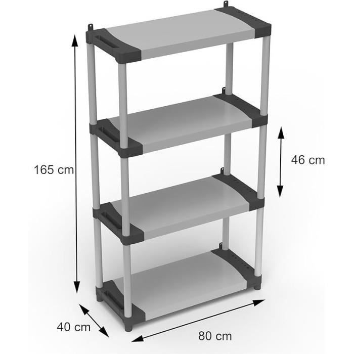 Plastic shelf - TOOD - 4 shelves - Load 80 kg per shelf - 80x40x168 cm - Black/grey