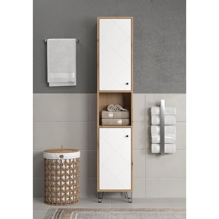 Bathroom column - White and oak decor - 2 doors - 1 niche - L36 x H191 x D29cm - TOUCH