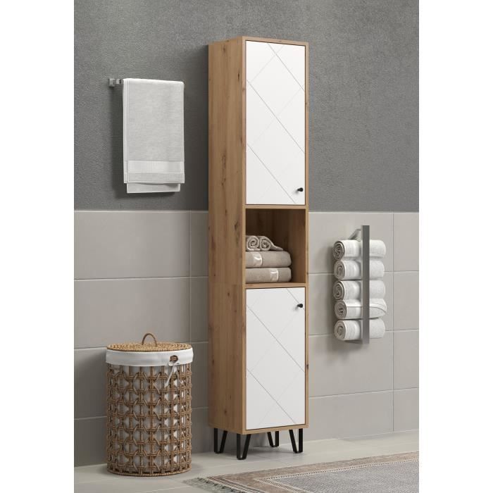 Bathroom column - White and oak decor - 2 doors - 1 niche - L36 x H191 x D29cm - TOUCH