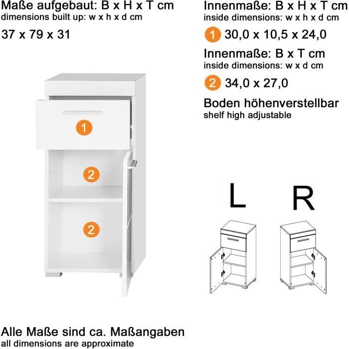 AMANDA bathroom cabinet - 1 door + 1 drawer - Glossy white - L37 x D31 x H79 cm