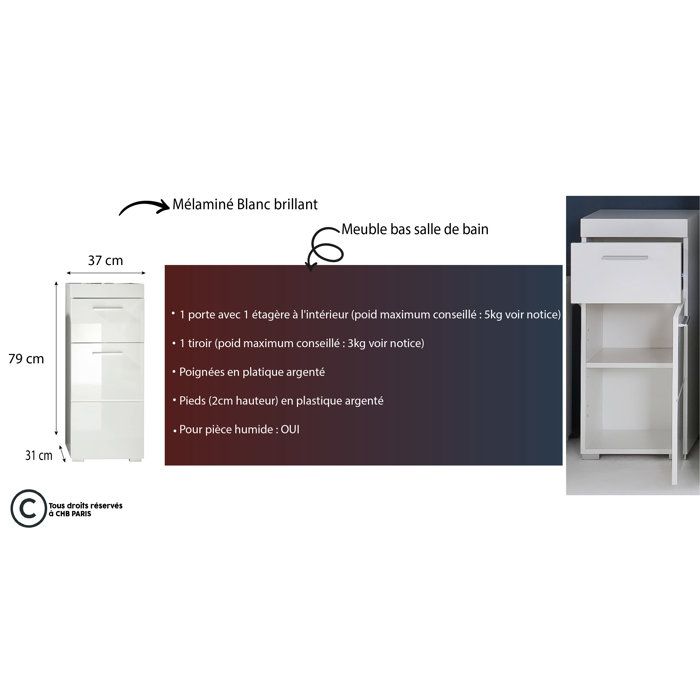 AMANDA bathroom cabinet - 1 door + 1 drawer - Glossy white - L37 x D31 x H79 cm