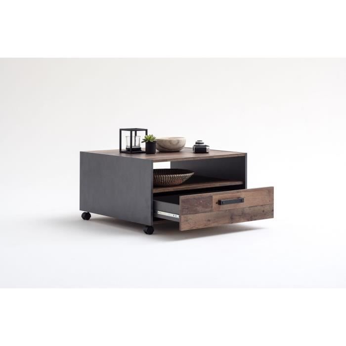 Square coffee table on wheels - Particle board - Aged wood and gray decor - Double top - 1 drawer - L70 x D70 x H40 cm