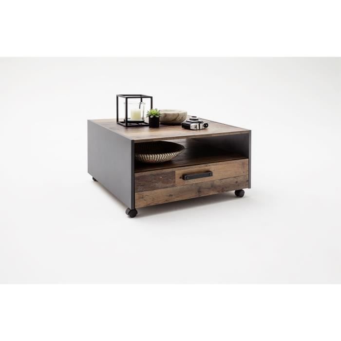 Square coffee table on wheels - Particle board - Aged wood and gray decor - Double top - 1 drawer - L70 x D70 x H40 cm