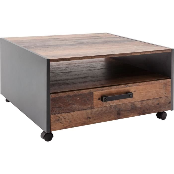 Square coffee table on wheels - Particle board - Aged wood and gray decor - Double top - 1 drawer - L70 x D70 x H40 cm