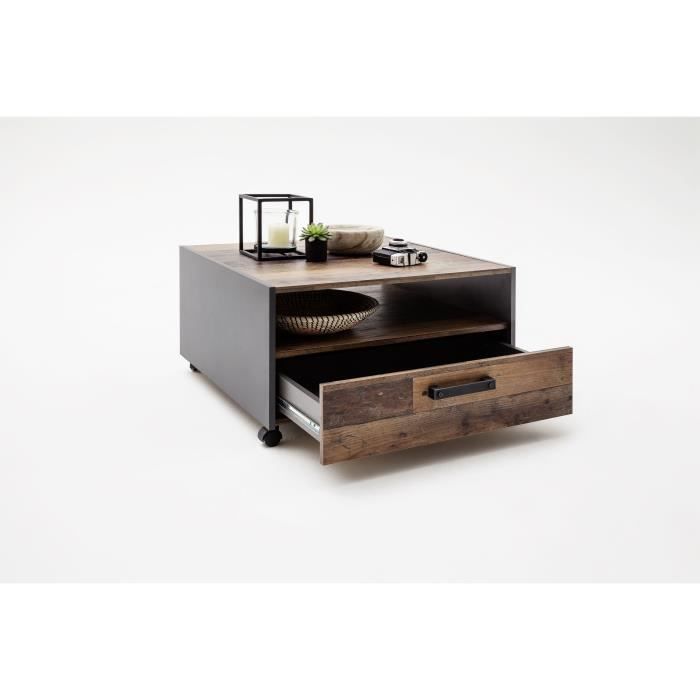 Square coffee table on wheels - Particle board - Aged wood and gray decor - Double top - 1 drawer - L70 x D70 x H40 cm