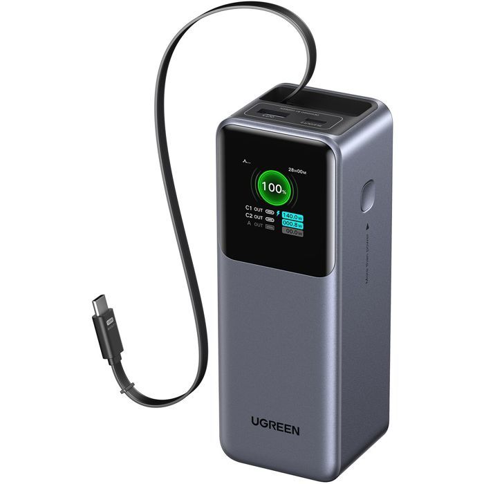 Batterie externe - UGREEN - 165W - USB-A et USB-C - Rétractable - Noir