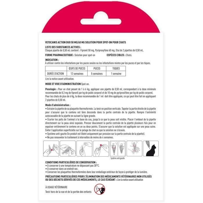 VETOCANIS Anti-flea and anti-tick pipettes Duo - 2 pipettes for 5 weeks of protection - For cat