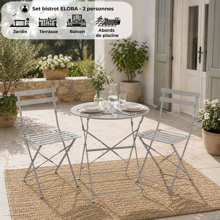 Bistro set - Garden meal set - Folding table Diam. 60 cm + 2 chairs - Heat steel - Gray