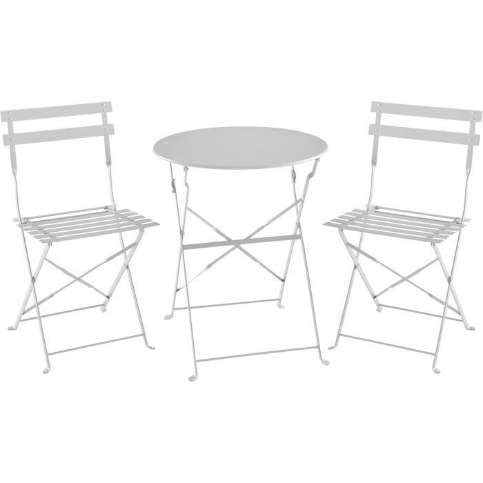 Bistro set - Garden meal set - Folding table Diam. 60 cm + 2 chairs - Heat steel - Gray