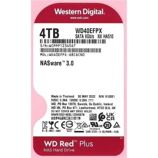 Internal Hard Drive - WESTERN DIGITAL - Red Plus - 4TB - 3.5 - Dedicated NAS - 5400 RPM Class - SATA 6 GB/s (WD40EFPX)