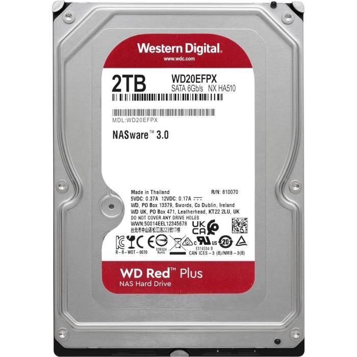 Internal Hard Drive - WESTERN DIGITAL - Red Plus - 2TB - 3.5 - Dedicated NAS - 5400 RPM Class - SATA 6 GB/s (WD20EFPX)